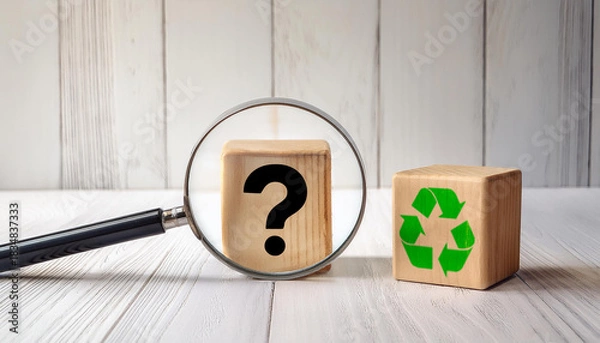 Obraz Magnifying Glass Zooming on Wooden Block with Question Mark Next to Recycling Symbol on Wood Table