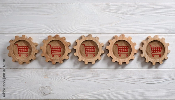 Obraz Wooden Gear Icons with Red Shopping Cart Symbols Aligned in a Row on White Rustic Background