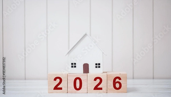 Obraz White House Miniature on 2026 Wooden Blocks with Vertical Panel Wall Background