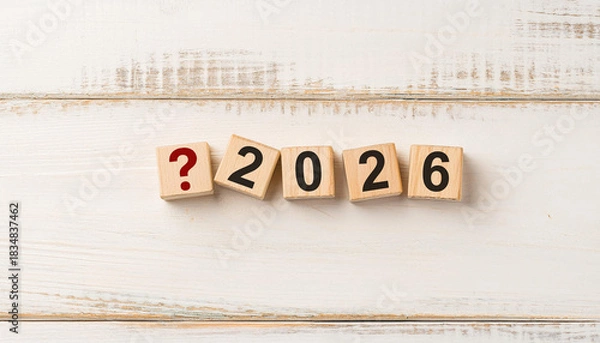 Obraz Red Question Mark Icon with Wooden Blocks Spelling 2026 Representing Uncertainty or Planning the Future