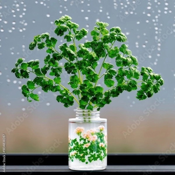 Fototapeta Parsley in Vase with Flowers by Window