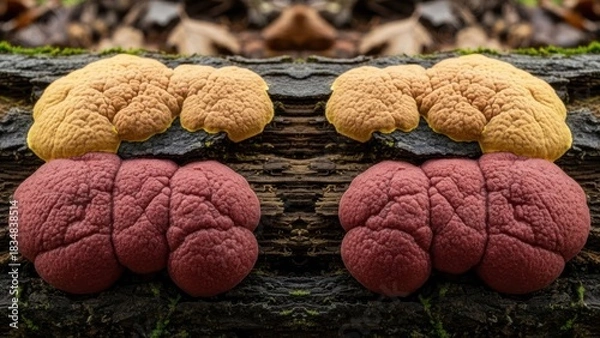 Obraz Symmetrical composition colorful slime mold clusters on textured bark