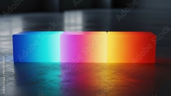 Obraz Three glowing, colorful, rectangular blocks cast light onto a concrete surface