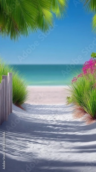 Fototapeta Pathway to Beach with Palm Trees and Flowers