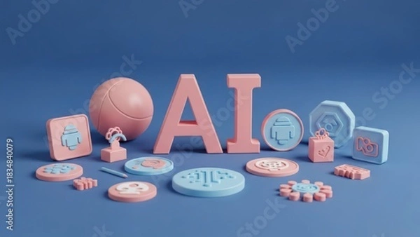 Obraz 3D rendered scene featuring "AI" letters and various tech-related stylized objects