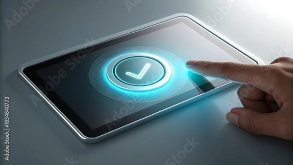 Obraz Finger pressing glowing checkmark button on tablet for digital confirmation flow