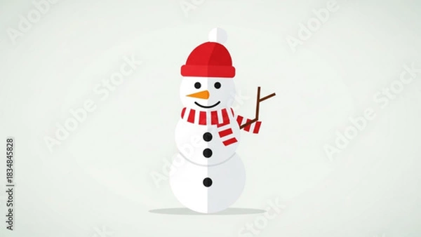 Fototapeta A cheerful cartoon snowman wearing a red knitted hat and a striped red and white scarf stands against a pale grey background with a subtle shadow