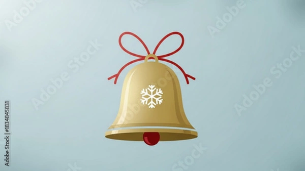 Fototapeta A festive golden christmas bell adorned with a white snowflake and tied with a red ribbon bow isolated on a pale blue background