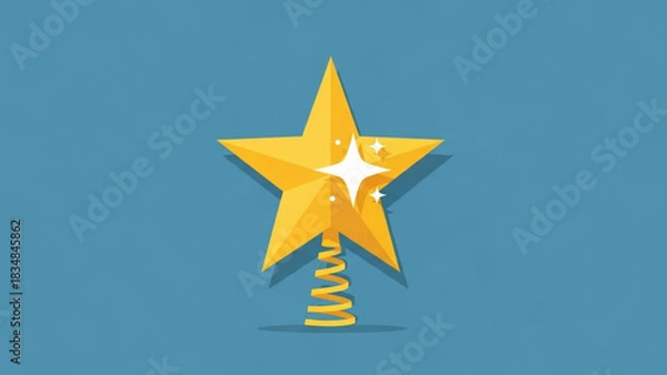 Fototapeta A bright golden star with a shimmering white center rests atop a coiled spring on a solid blue background symbolizing celebration and achievement
