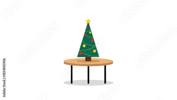 Fototapeta A simple festive green christmas tree adorned with red and yellow baubles and a golden star sits on a round wooden table with black legs against a clean white background