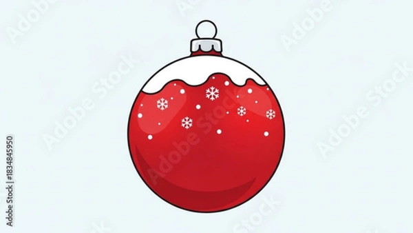 Fototapeta A festive red christmas ornament with a snowy cap and delicate white snowflakes scattered across its surface set against a soft blue background perfect for holiday decorations and winter celebrations