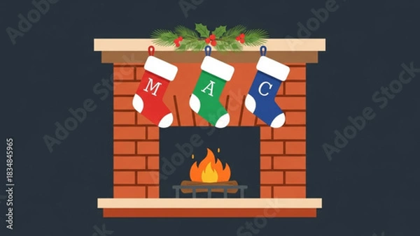 Fototapeta Cozy christmas fireplace with burning logs and festive stockings hanging on the mantelpiece adorned with holly and pine branches