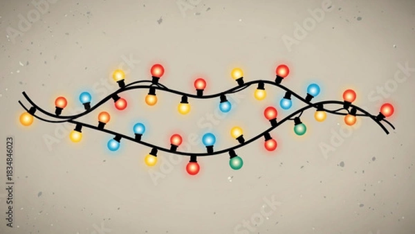 Fototapeta A string of colorful festive christmas lights with red yellow blue and green bulbs glowing brightly against a textured neutral background