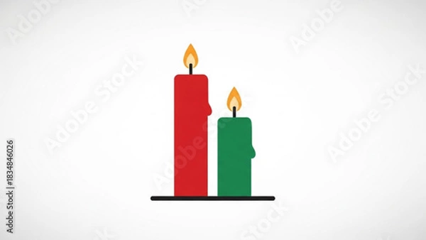 Fototapeta Two lit kwanzaa candles one red and one green stand side by side on a black candle holder against a clean white background symbolizing unity and celebration