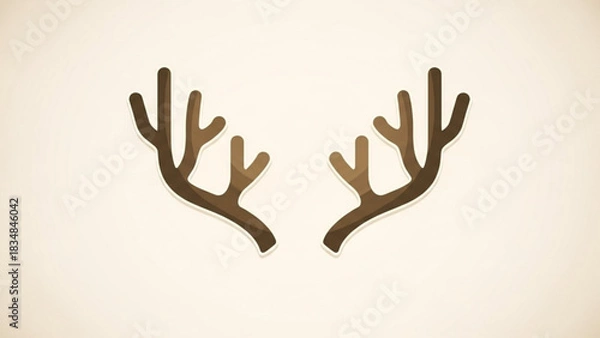 Fototapeta A stylized pair of brown reindeer antlers with a subtle gradient and a white outline against a soft warm beige background creating a minimalist festive design element