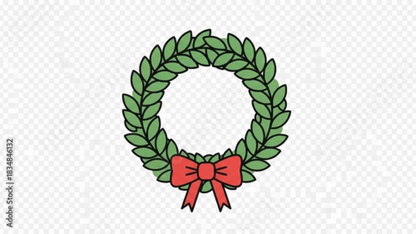 Fototapeta A simple green laurel wreath with a red bow at the bottom perfect for holiday decorations and festive designs