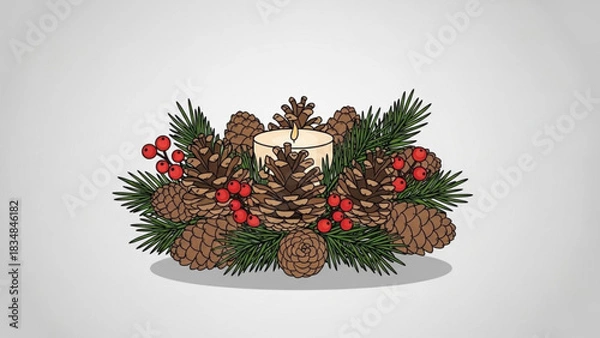 Fototapeta A charming hand drawn illustration of a festive winter centerpiece featuring a lit candle surrounded by pine cones evergreen branches and bright red berries on a clean light gray background