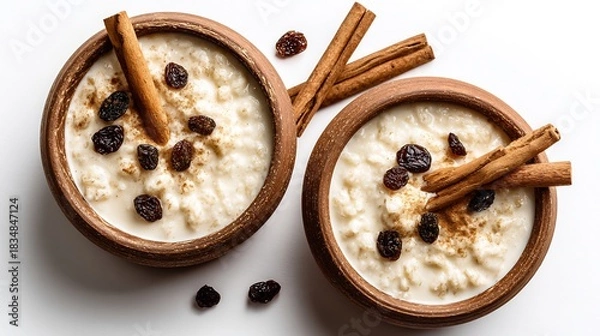 Fototapeta Delicious arroz con leche with plump raisins and aromatic cinnamon sticks, presented in rustic ceramic bowls on a clean white background, captured with bright, professional studio lighting.