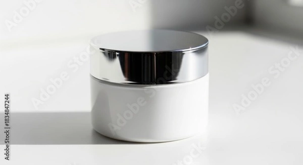 Obraz Minimal white cosmetic cream jar with glossy silver lid on bright light background
