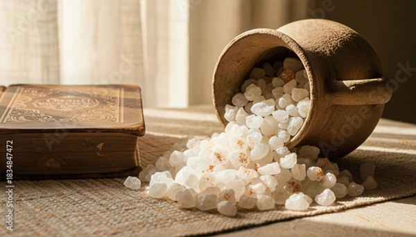 Obraz Ancient Ceramic Container Filled with Luminous Manna and Old Testament Book Still Life