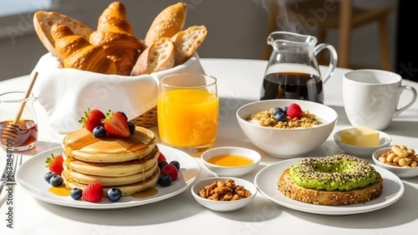Fototapeta Breakfast spread with assorted food items