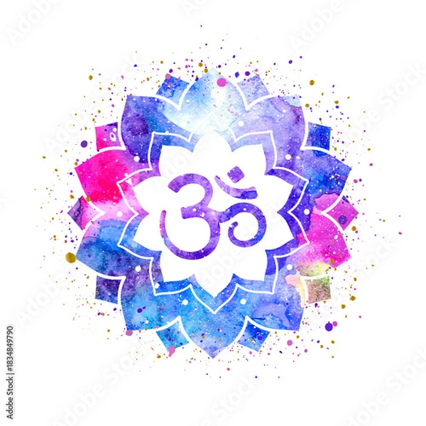 Fototapeta Om symbol painted inside a flower frame or mandala, watercolor cosmic space texture, splashes of paint, colorful bright illustration. Can be used for prints, printing design, home decor design.