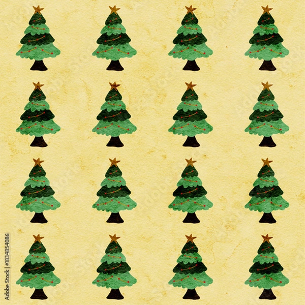 Obraz Christmas tree pattern with yellow background for gift wrapping