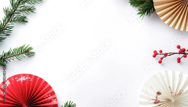 Obraz 白背景に松の枝と赤白の扇飾りの和風デザイン背景　generative ai