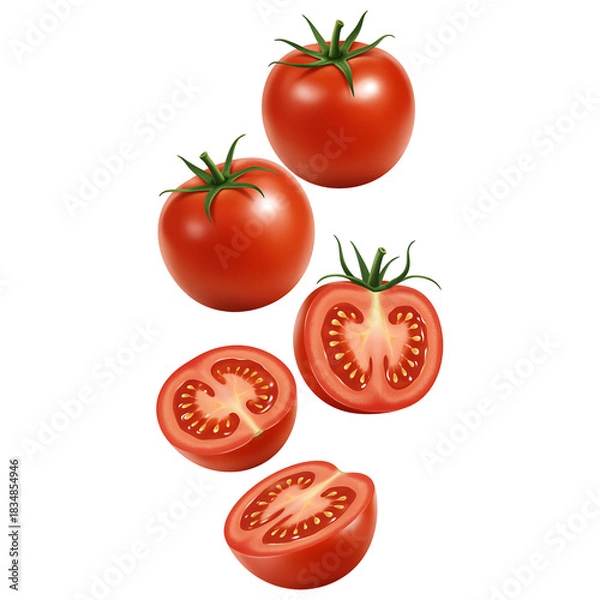 Fototapeta Fresh tomatoes whole and halved arrangement for healthy eating concepts