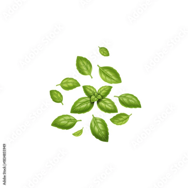 Fototapeta Fresh green basil leaves isolated on black background for culinary use