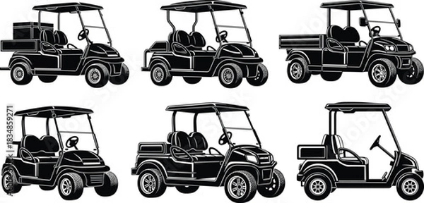 Fototapeta Golf Cart Silhouette Vector Set Featuring Diverse Utility Designs, Seating Arrangements, and Cargo Styles in Black and White Icons