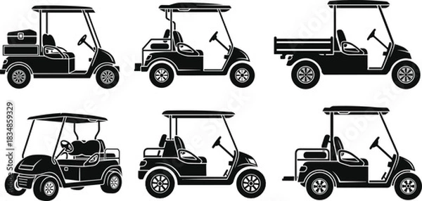 Fototapeta Golf Cart Silhouette Vector Set Featuring Multiple Utility Designs, Seating Configurations, and Equipment Styles in Black and White Icons