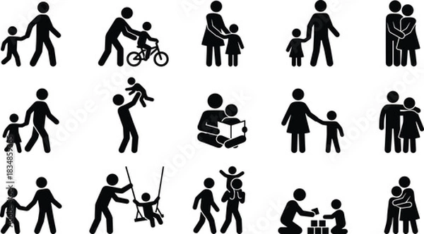 Fototapeta Parent and Child Silhouette Vector Set Depicting Care, Bonding, and Activities in Black and White Family Relationship Icons