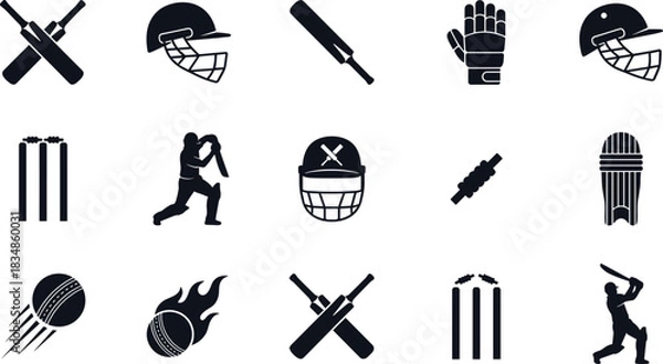 Fototapeta Set of Cricket Silhouette Icons Featuring Bats, Helmets, Balls, Stumps, Pads, Gloves, and Player Poses for Sports Graphics