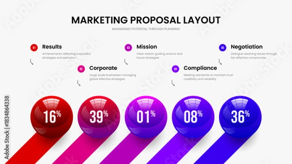 Fototapeta Financial Forecast Five Element Graph Frame Template. Corporate Visualization 5 Step Chart Presentation Layout. Market Insight Slideshow Design Vector Illustration.