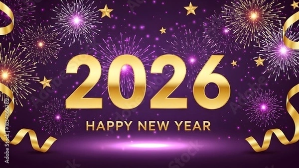 Obraz Elegant 2026 new year celebration with fireworks and ribbons