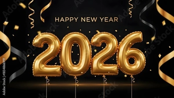 Obraz Elegant 2026 new year celebration with gold balloons and confetti