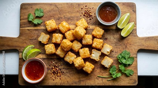 Fototapeta Crispy Tofu Bites with Dipping Sauce and Lime.
