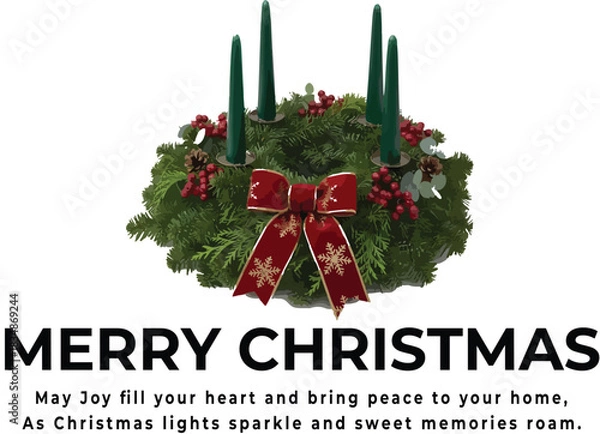 Obraz Christmas greeting logo vector with festive wreath, red bow with gold snowflakes, and four green candles