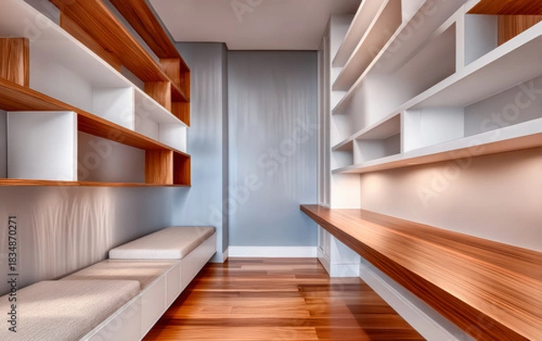 Fototapeta Modern minimalistic room with sleek wooden shelves and cozy seating for an organized space