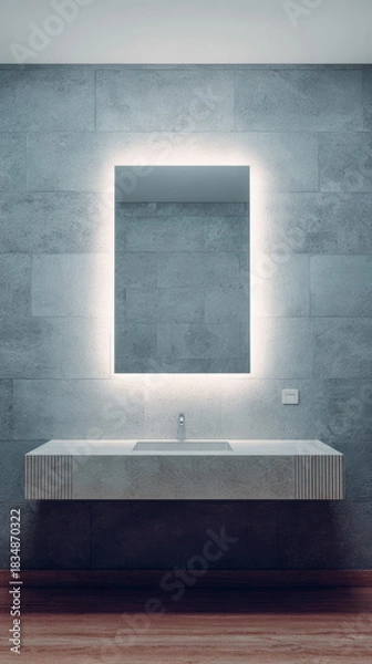 Fototapeta Modern restroom design with minimalist sink and illuminated mirror in a stylish space