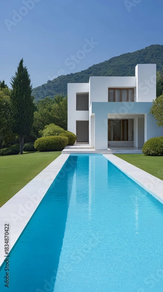 Fototapeta Modern villa with a tranquil pool set against a lush green landscape on a sunny day