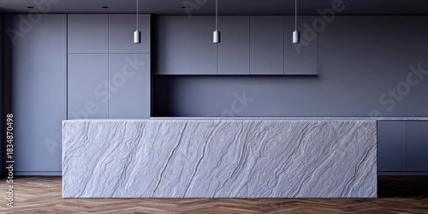 Fototapeta Modern kitchen design featuring sleek cabinetry and textured stone countertop in a spacious interior setting