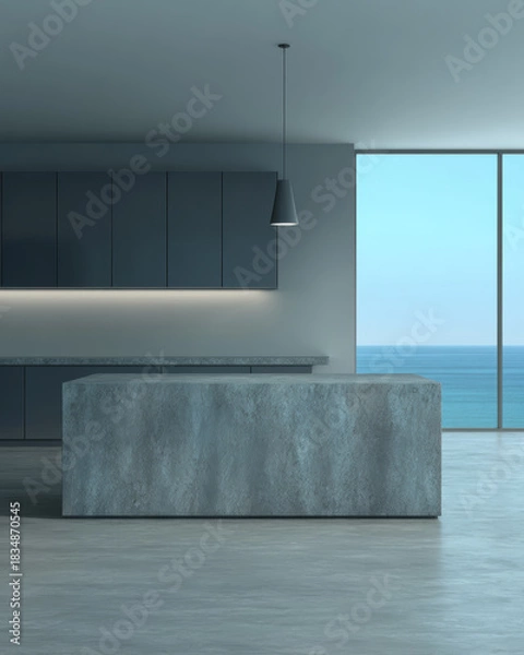 Fototapeta Modern kitchen interior design with ocean view from large windows during daylight