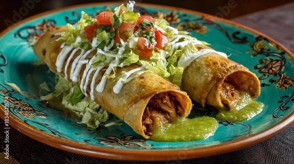 Fototapeta Mexican tacos dorados crispy rolled tacos filled chicken topped with lettuce sour cream and green salsa on a hand painted ceramic plate