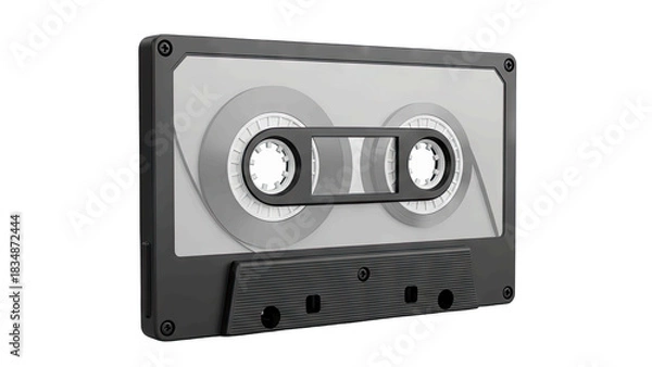 Obraz Retro Cassette Tape With Clear Plastic Casing And Gray Body Featuring Visible Magnetic Ribbon Inside On A Transparent Background