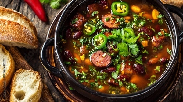 Fototapeta Overhead image of Mexican frijoles charros pinto beans chorizo bacon and jalapeos in a rich broth garnished with cilantro