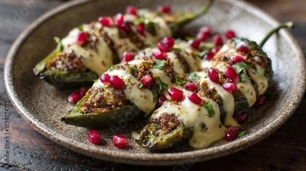 Fototapeta Overhead shot of Mexican chiles en nogada dish showcasing poblano peppers stuffed with picadillo walnut cream sauce and pomegranate seeds