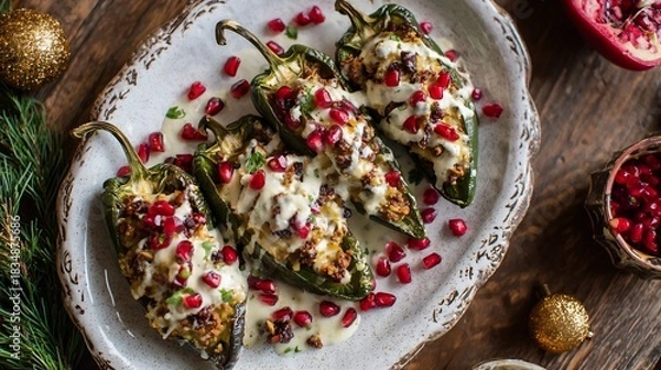 Fototapeta Overhead shot of Mexican chiles en nogada dish showcasing poblano peppers stuffed with picadillo walnut cream sauce and pomegranate seeds