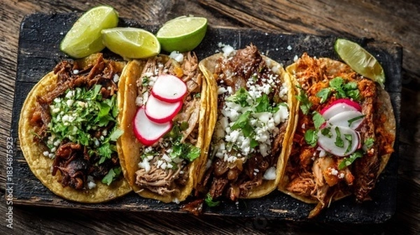 Fototapeta Overhead shot of traditional Mexican taco platter featuring carne asada al pastor and carnitas garnished with lime wedges fresh cilantro and sliced radish on a rustic wooden table